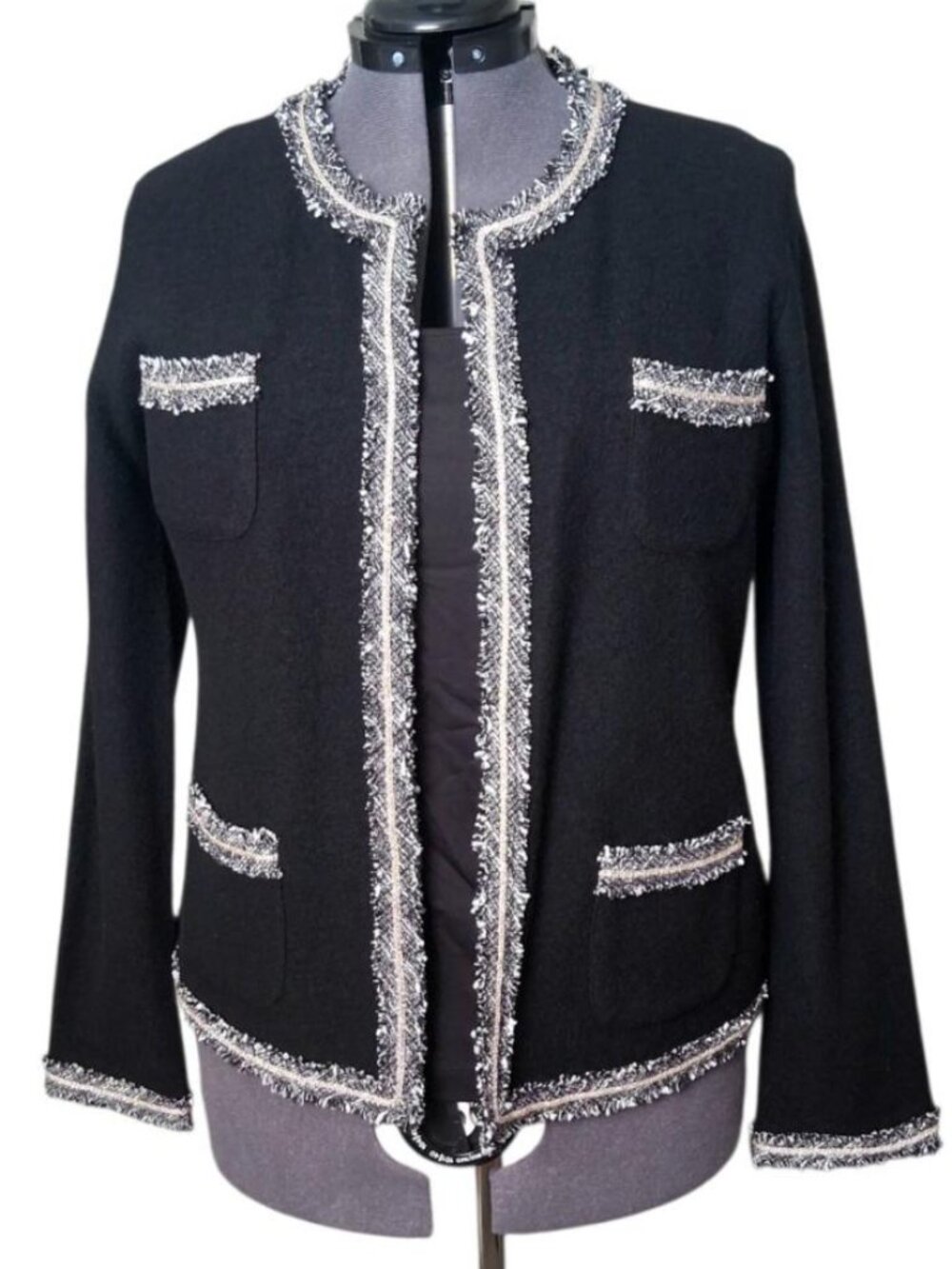 Karl Lagerfeld Paris Black Tweed Boiled Wool Blend Gold Trim Preppy Jacket SZ XL
